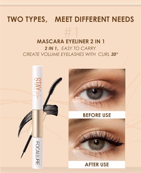  Mascara Kiêm Eyeliner 2 Đầu Tiện Lợi Không Trôi FOCALLURE Staymax Waterproof Mascara+Eyeliner 2In1 | FA-160 